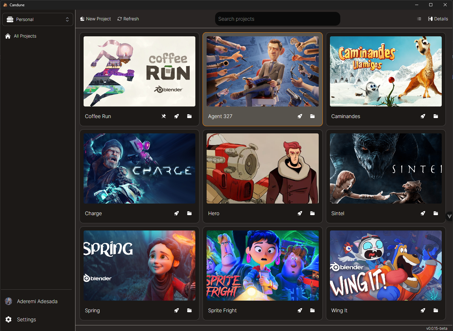 Candune app interface showing projects page